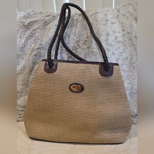 Vintage Etienne Aigner Woven Beige Tote Bag with Dark Brown Trim
